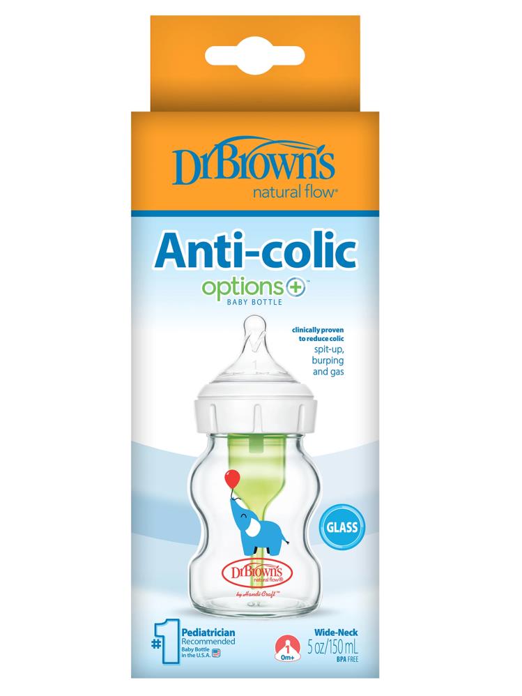 Dr. Browns Geniş Ağız Anti-Kolik Cam Biberon 150 ml Fil Desenli