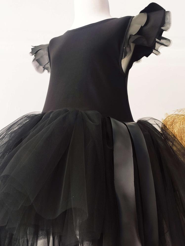 Shecco Babba Deri Detaylı Tütü Kız Çocuk Doğum Günü Elbisesi ve Bandana TakımÇocuk Abiye Elbise 6-10 Yaş Abiye - Siyah