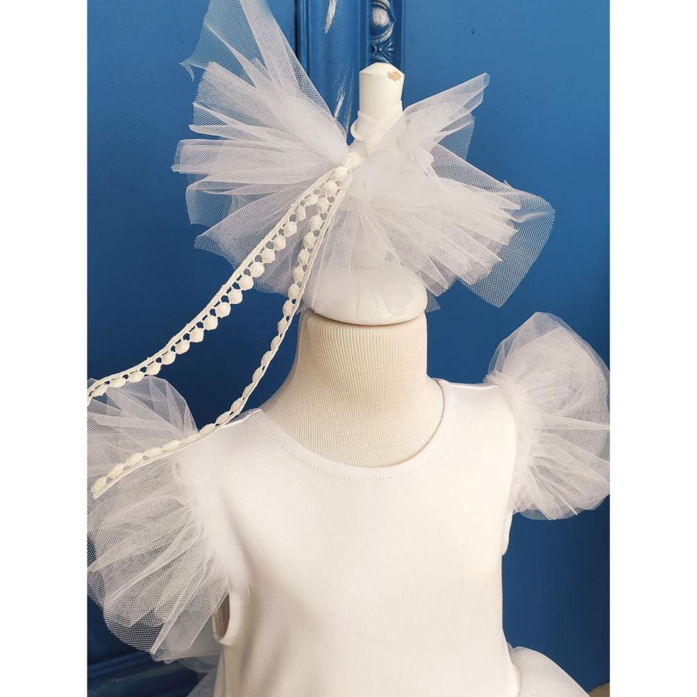 Shecco Babba Fiyonklu Tütü Kız Çocuk Doğum Günü Elbisesi ve Bandana TakımÇocuk Abiye Elbise 6-10 Yaş Abiye - Beyaz