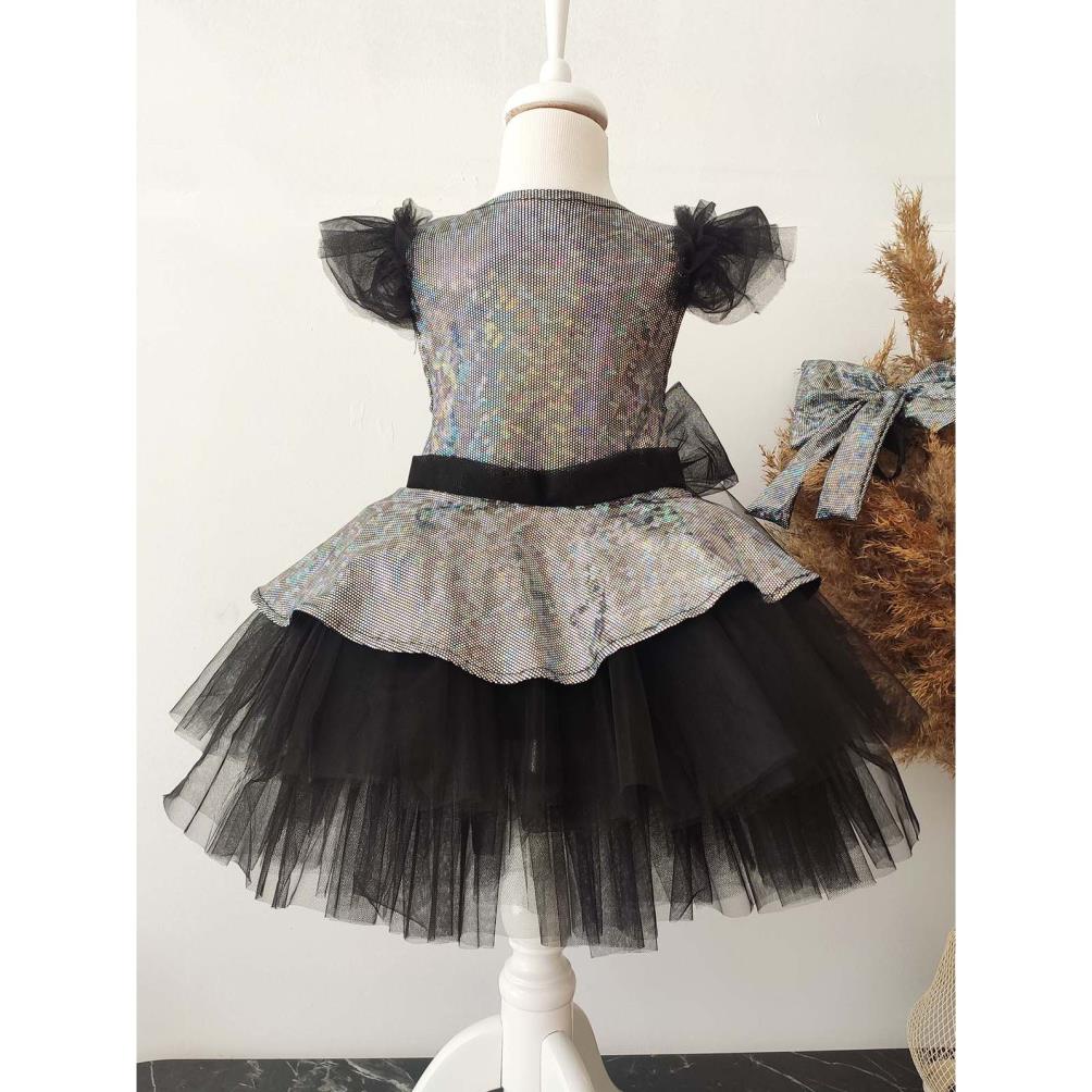 Shecco Babba Kız Çocuk Fiyonklu Tüllü Abiye ElbiseDoğum Günü Abiye ElbiseBandana 6-10 Yaş Abiye - Siyah