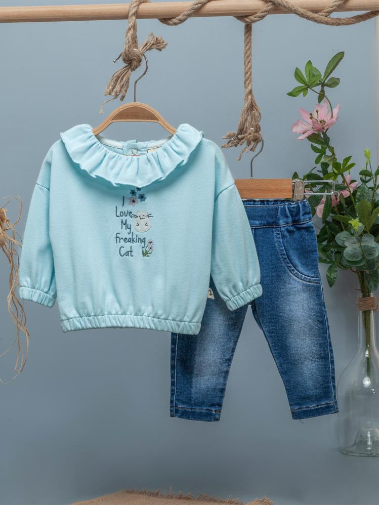 Baby Zz Büzgülü Yaka Kot Pantolonlu 6-18 Ay Takım - Mavi