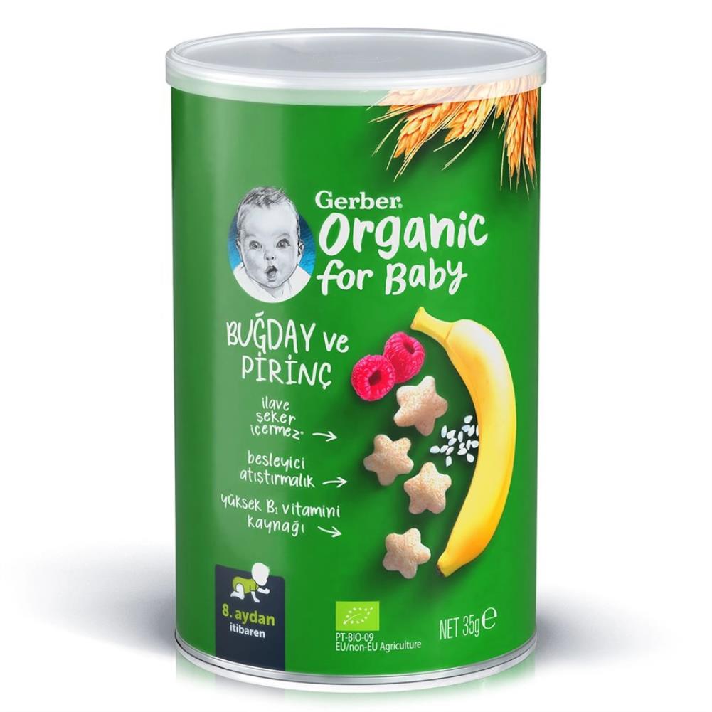 Gerber Organik Pirinçli Buğdaylı Muzlu ve Ahududulu Bebek Atıştırmalığı 35 Gr