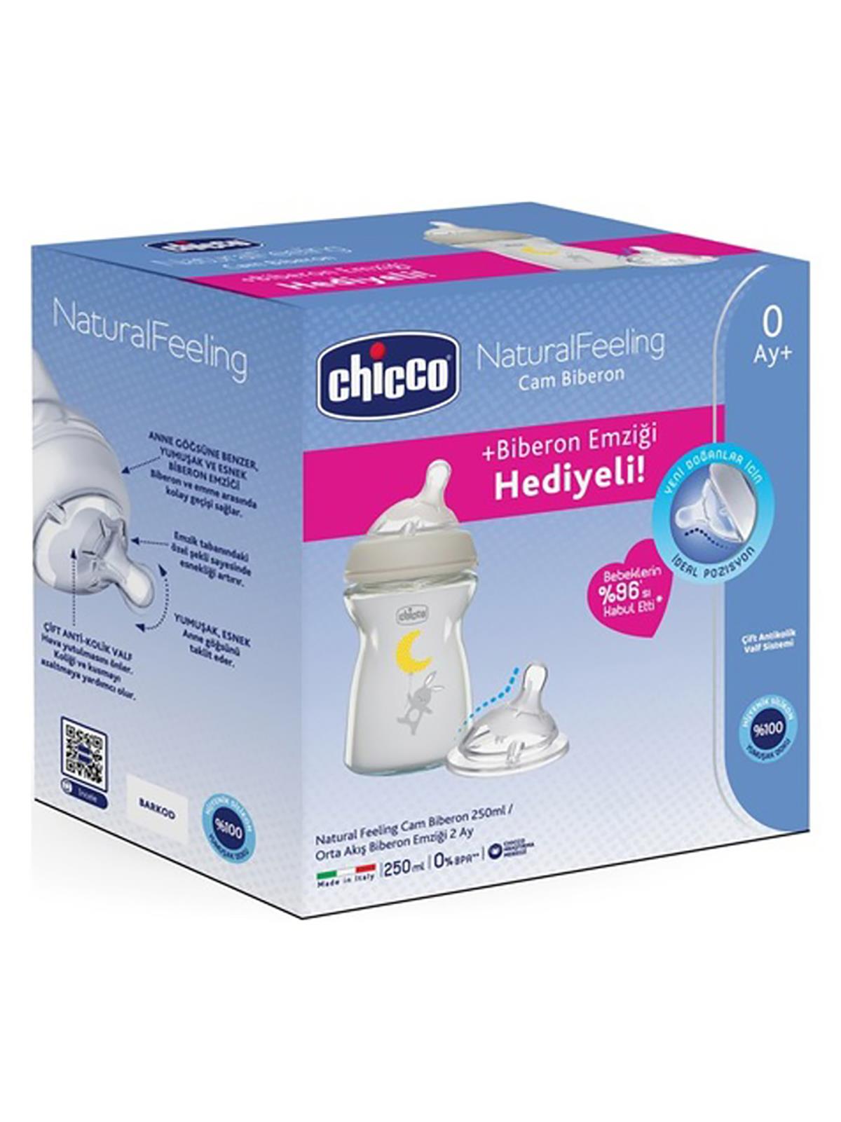 Chicco Naturalfeelıng Cam Biberon 0Ay+ 250Ml + Biberon Emziği 2Ay Hediyeli