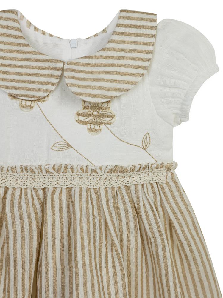 Bombili Çiçek Nakışlı Çizgili 1-3 Yaş Elbise - Bej