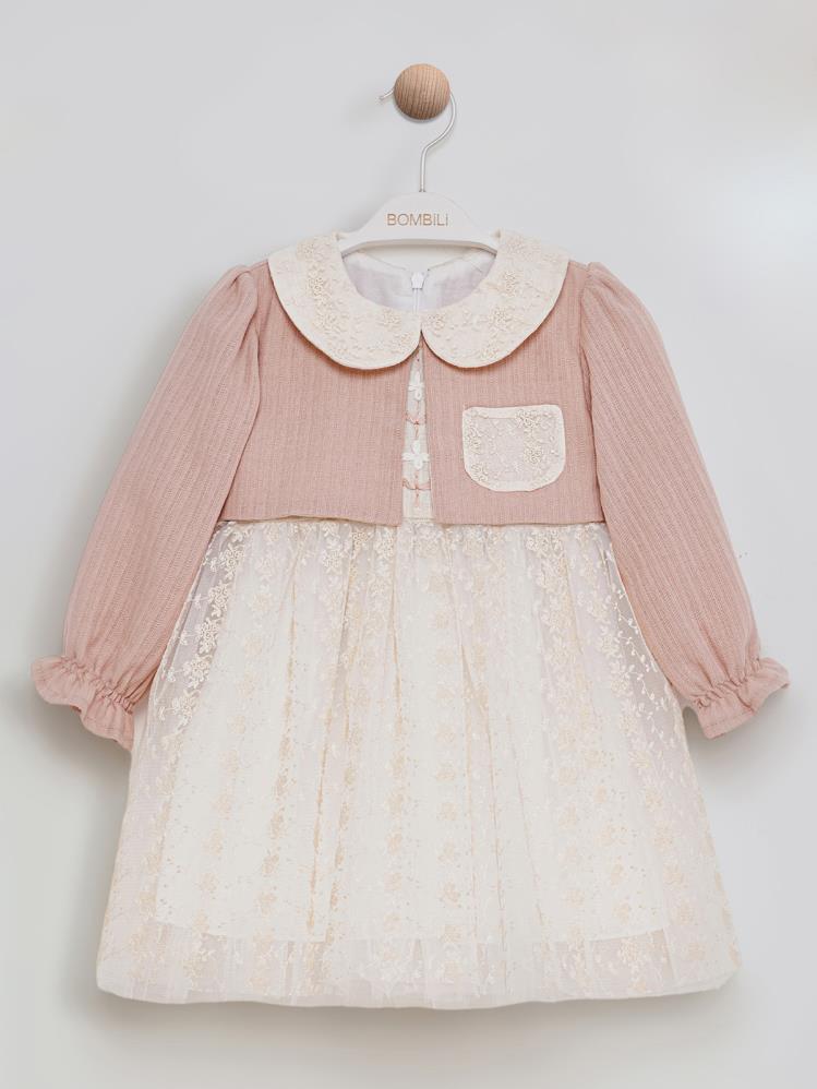 Bombili Dantel Detaylı Kendinden Bolerolu Elbise 1-3 Yaş Jile ve Elbise - Pudra