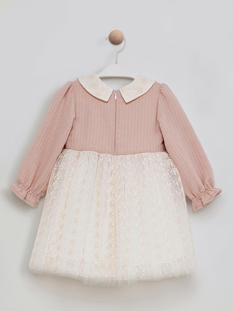 Bombili Dantel Detaylı Kendinden Bolerolu Elbise 1-3 Yaş Jile ve Elbise - Pudra