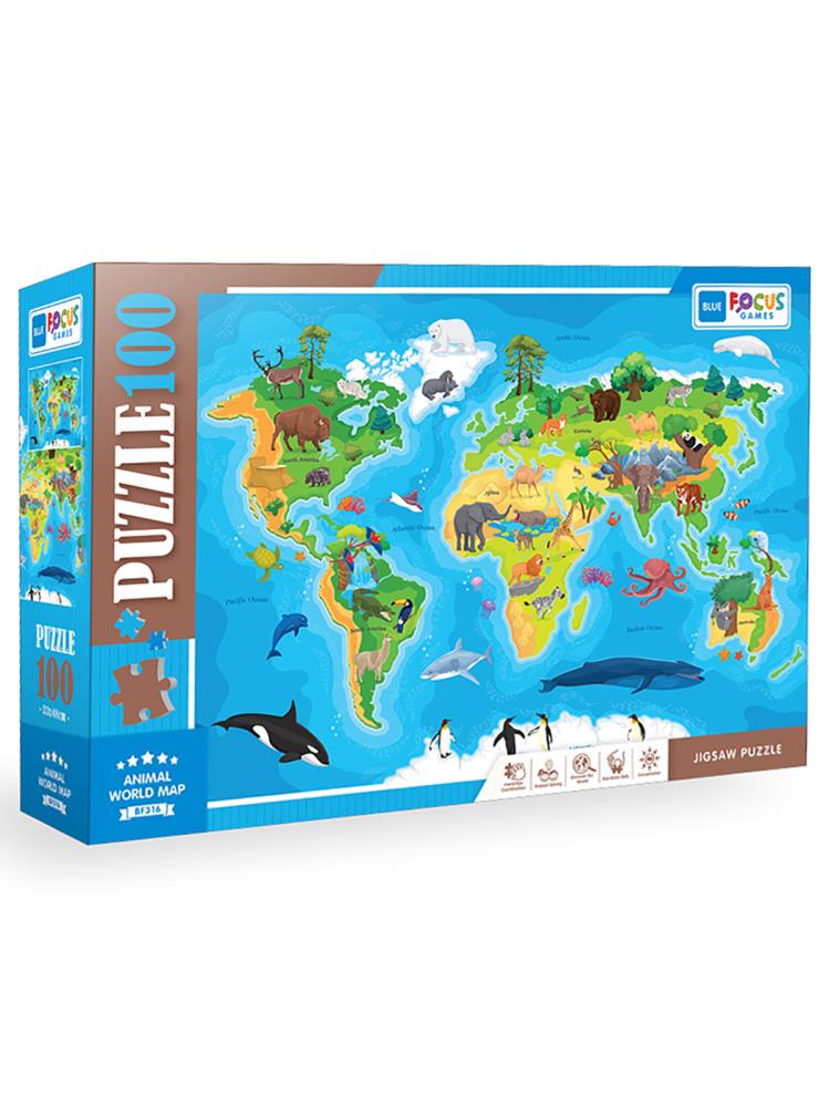 Focus Games Dünya Hayvan Haritası Puzzle 100 Parça Renkli