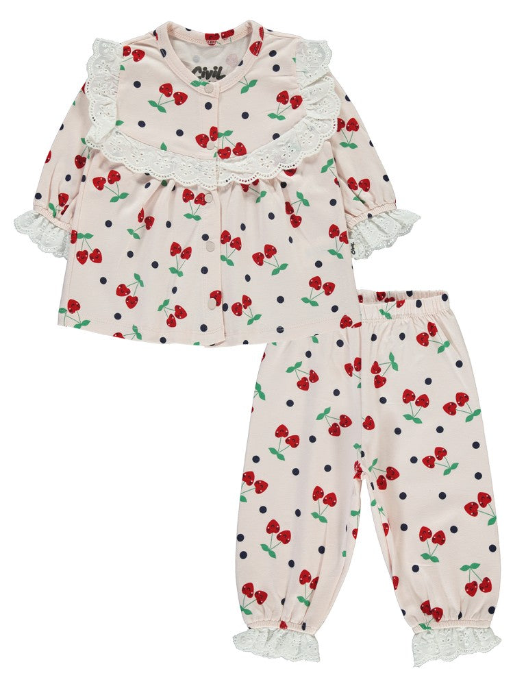 Civil Baby Puanlı Kiraz Emprime Fistolu Kız 6-18 Ay Pijama Takımı - Pudra