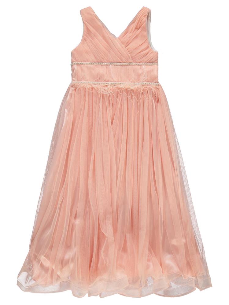 Civil Girls Beli Taşlı Tüylü 6-14 Yaş Abiye - Pudra