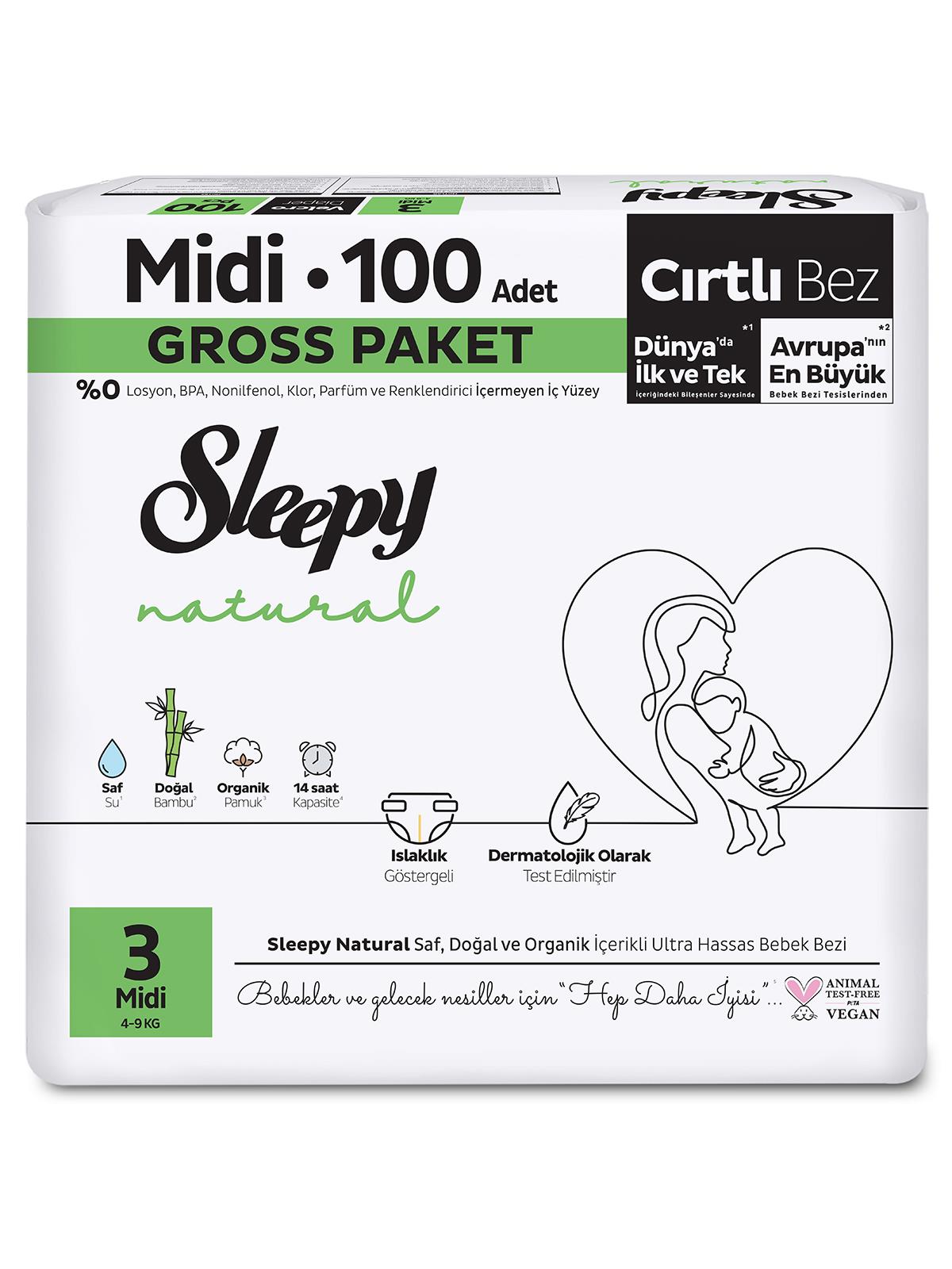 Sleepy Natural Gross Paket Bebek Bezi 3 Numara Midi 100 Adet