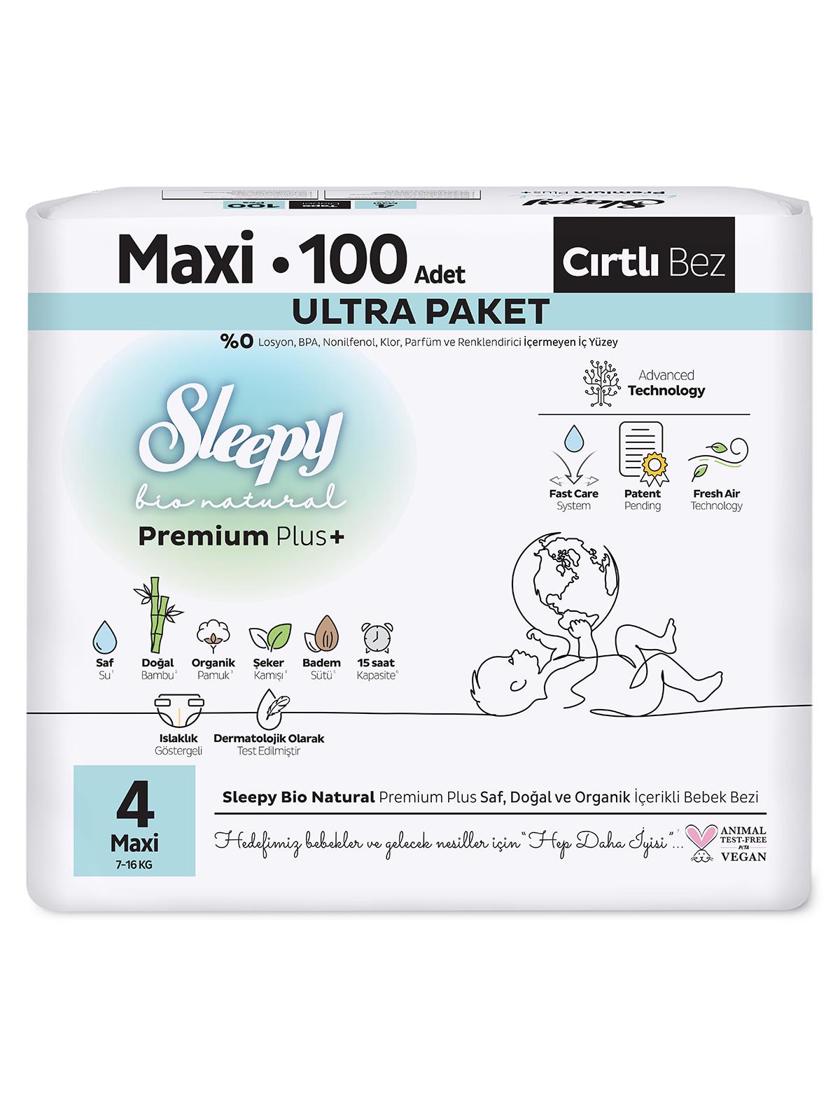 Sleepy Bio Natural Bebek Bezi Premium Plus 4 Beden Maxi 100 Adet