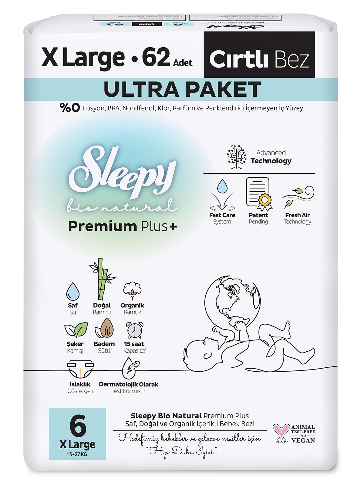 Sleepy Bio Natural Bebek Bezi Premium Plus 6 Beden XL 62 Adet