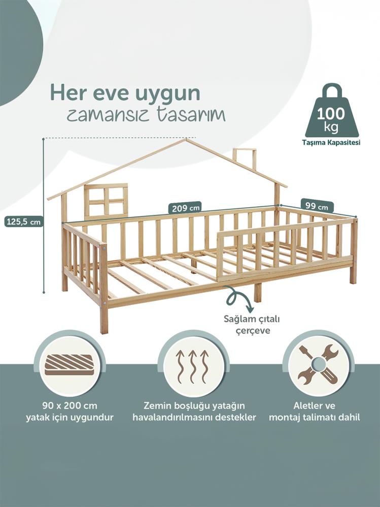 Kukka Doğal Ahşap Montessori Çocuk Karyolası - Çatılı 90x200 cm