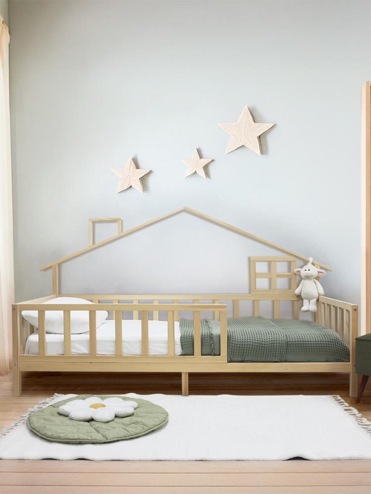 Kukka Doğal Ahşap Montessori Çocuk Karyolası - Çatılı 90x200 cm