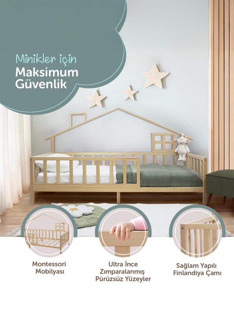 Kukka Doğal Ahşap Montessori Çocuk Karyolası - Çatılı 90x200 cm