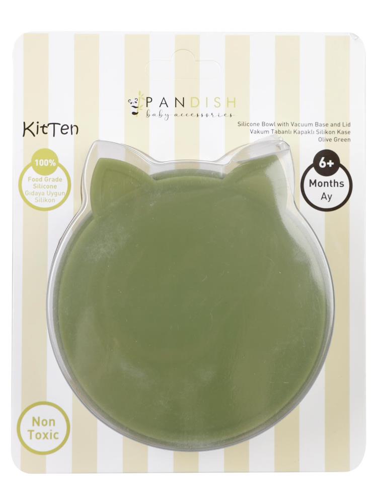 Pandish KitTen Vakum Tabanlı Kapaklı Silikon Kase - Yeşil
