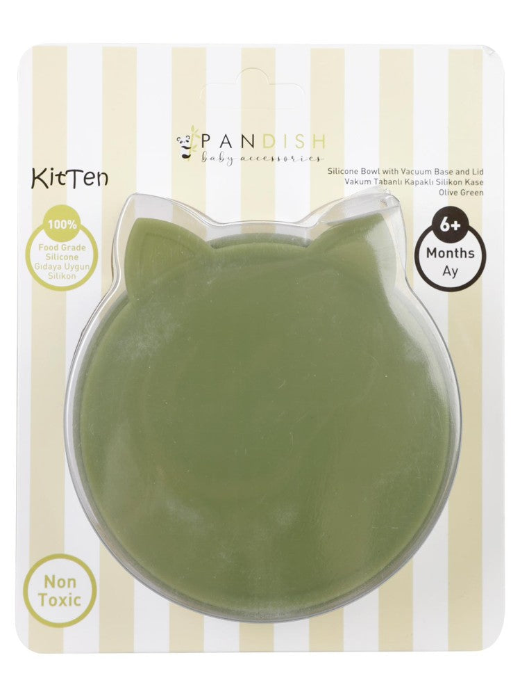 Pandish KitTen Vakum Tabanlı Kapaklı Silikon Kase - Yeşil