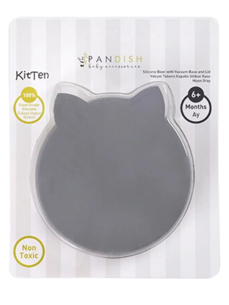 Pandish KitTen Vakum Tabanlı Kapaklı Silikon Kase - Gri