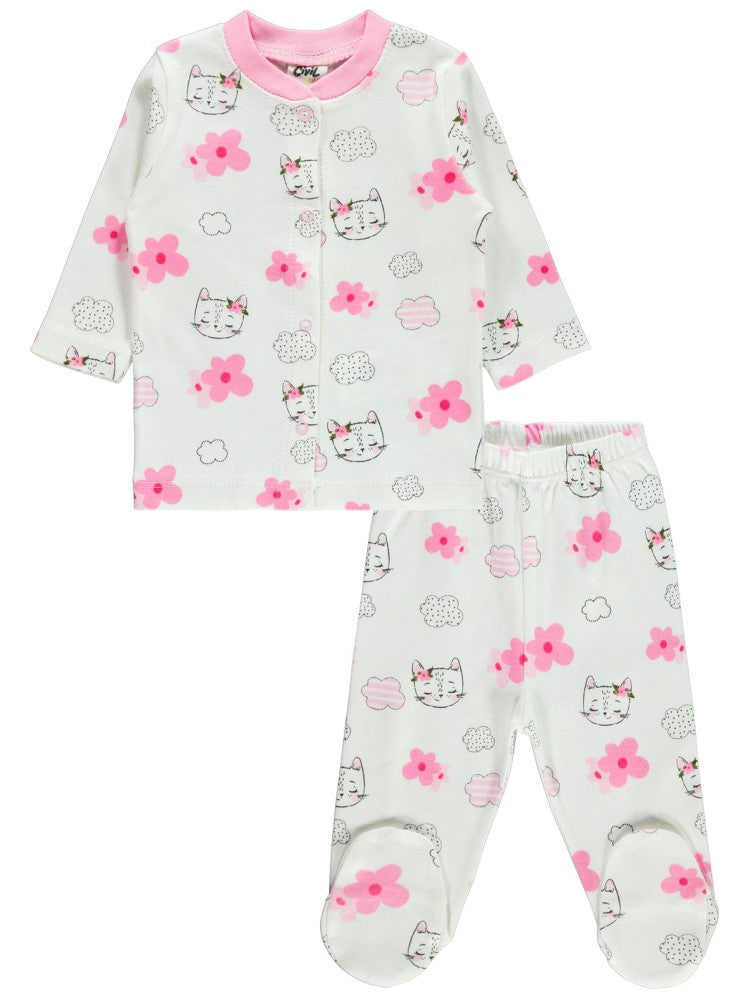Civil Baby Patikli Kedi Çiçek Empirme Baskılı 1-6 Ay Pijama Takımı - Pembe