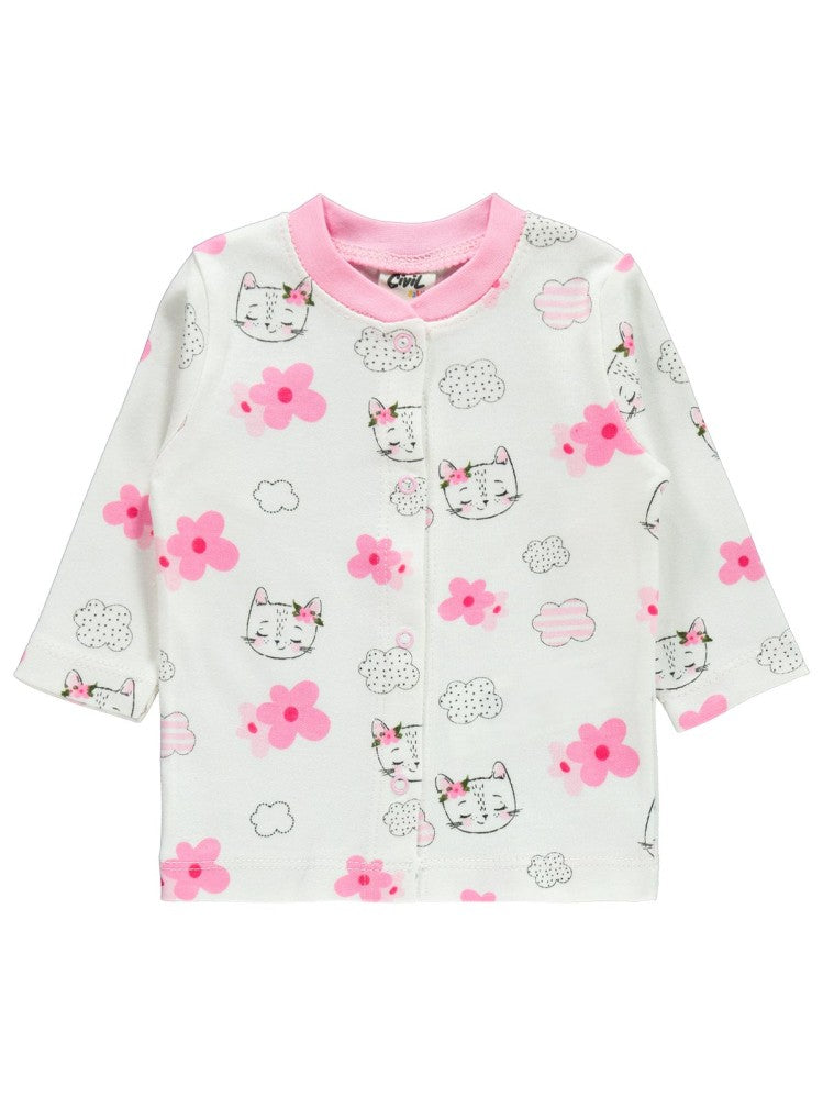 Civil Baby Patikli Kedi Çiçek Empirme Baskılı 1-6 Ay Pijama Takımı - Pembe