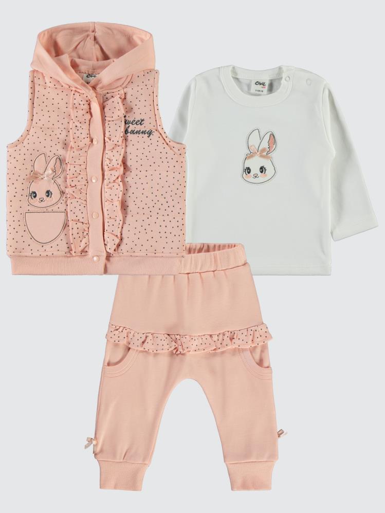 Civil Baby Puan Tavşan Nakışlı 6-18 Ay Takım - Pudra