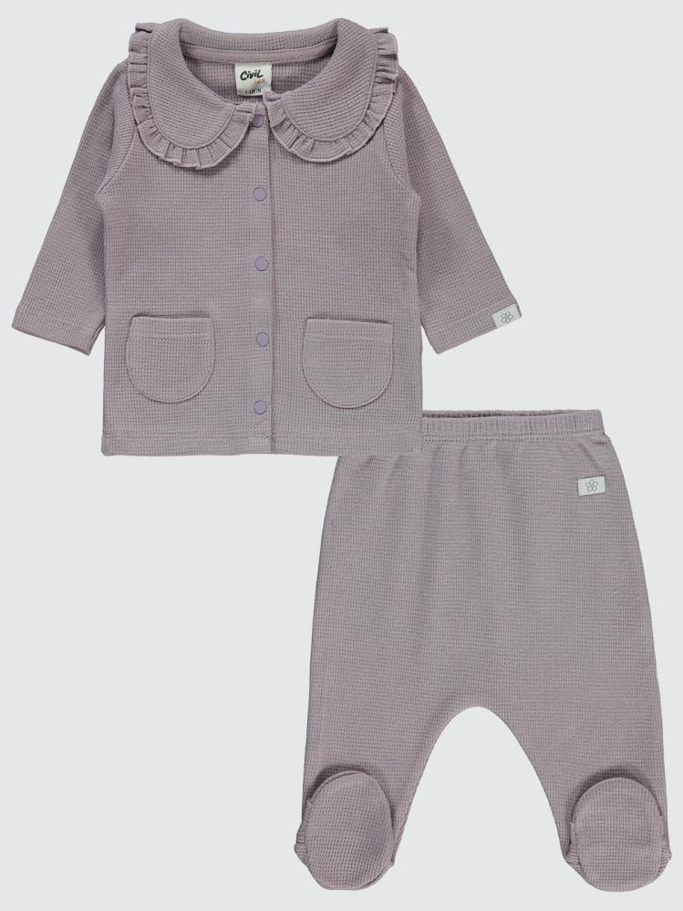 Civil Baby Patikli Yakalı Çiçek Etiketli 1-9 Ay Pijama Takımı - Lila
