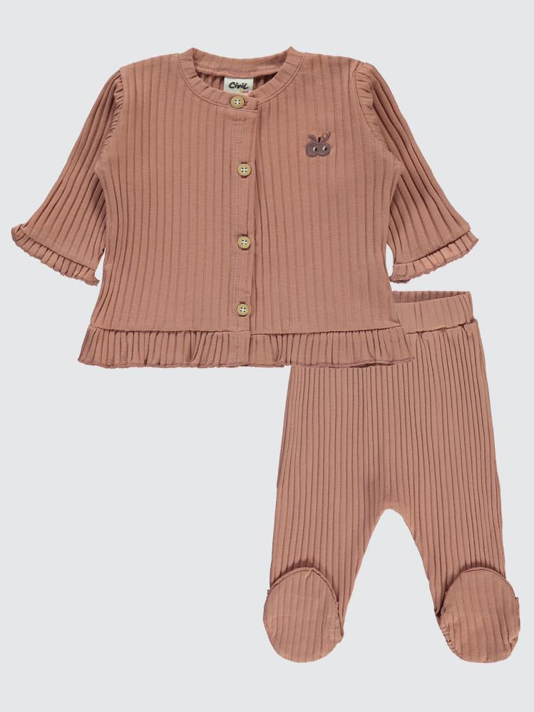 Civil Baby Kol Ve Bel Fırfırlı Nakışlı 3-6 Ay Pijama Takımı - Pudra