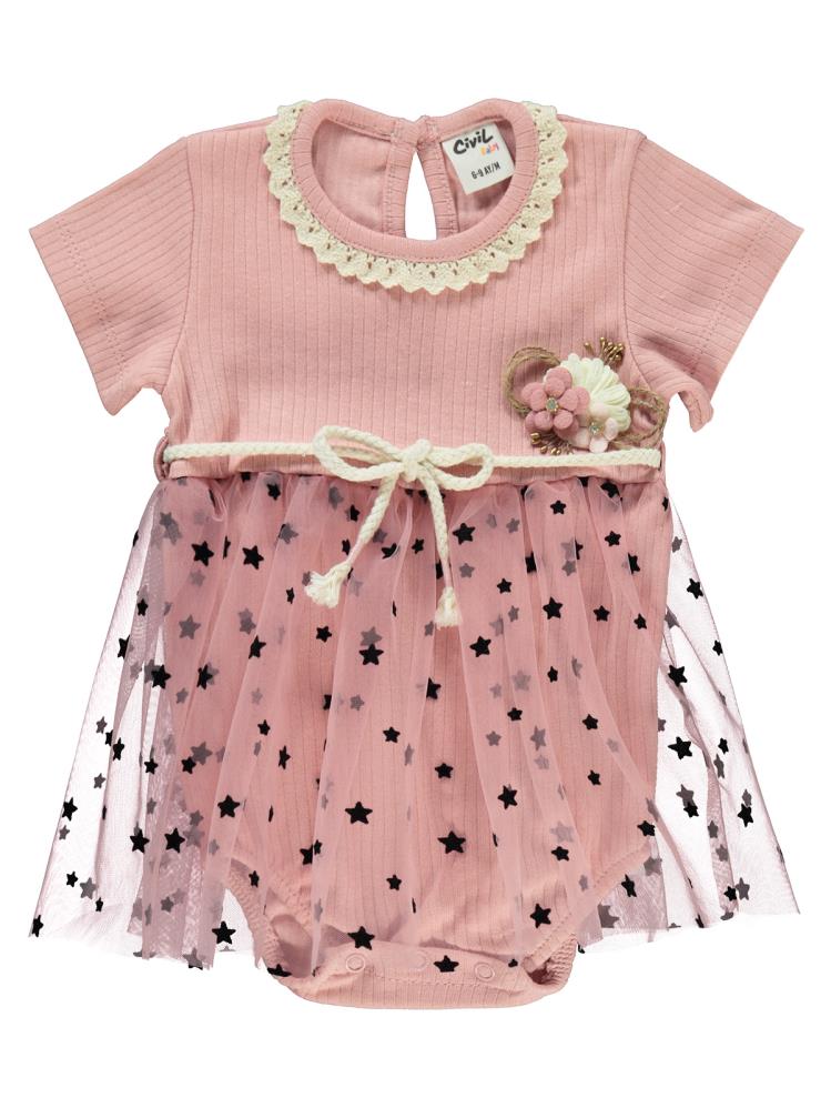 Civil Baby Tüllü Yıldız Baskılı 6-18 Ay Elbise - Pudra