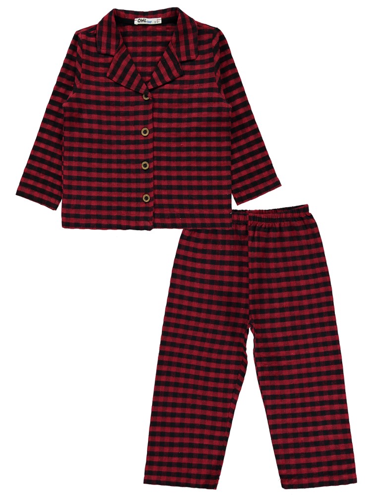 Civil Boys Düğme Detaylı Ekose 2-5 Yaş Pijama Takımı - Kırmızı