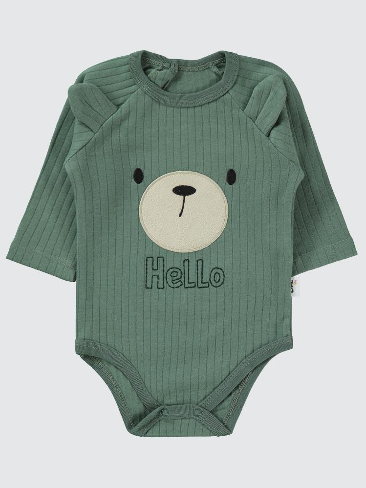 Civil Baby Hello Ayıcık Nakışlı 3-18 Ay Çıtçıtlı Badi - Haki