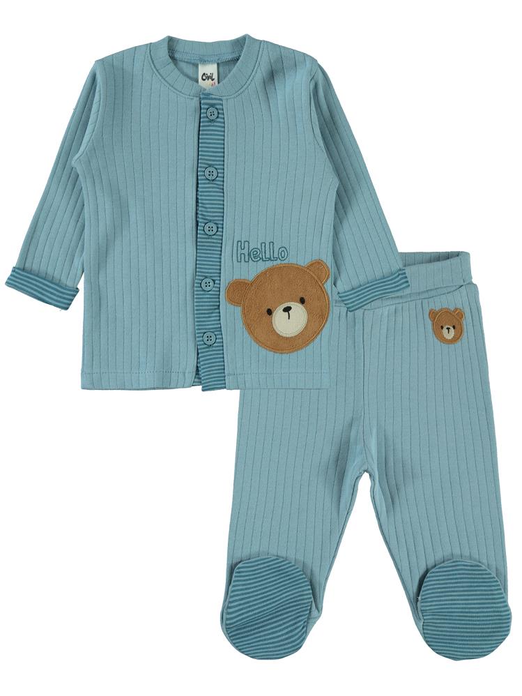 Civil Baby Patikli Hello Ayıcık Nakışlı 1-9 Ay Pijama Takımı - Mavi