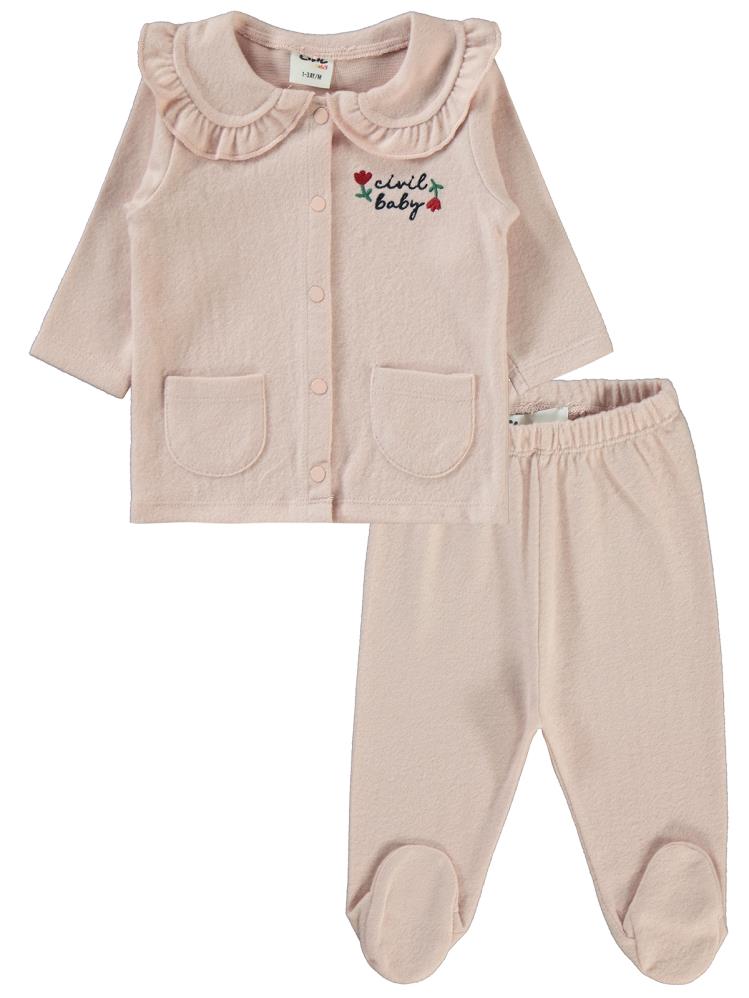 Civil Baby Çiçek Nakışlı 1-6 Ay Pijama Takımı - Pudra