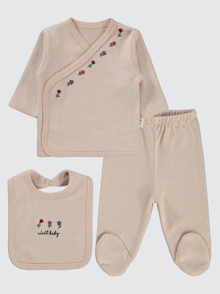 Civil Baby Çiçek Nakışlı Zıbın Takımları - Pudra