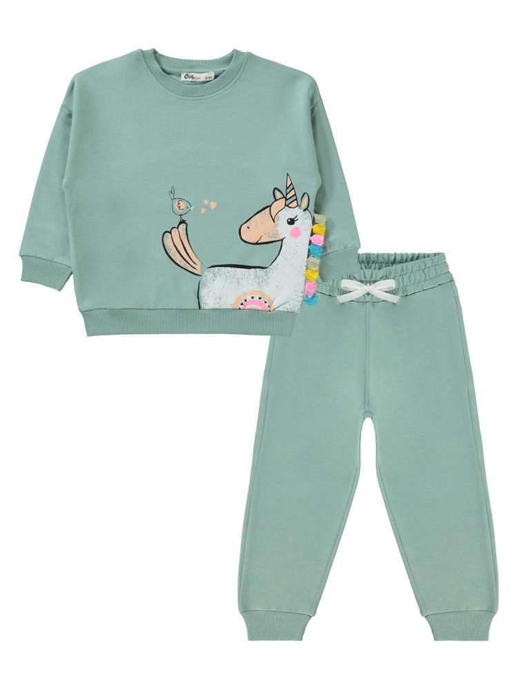 Civil Girls Püsküllü Unicorn Baskılı 2-5 Yaş Eşofman Takımı - Yeşil
