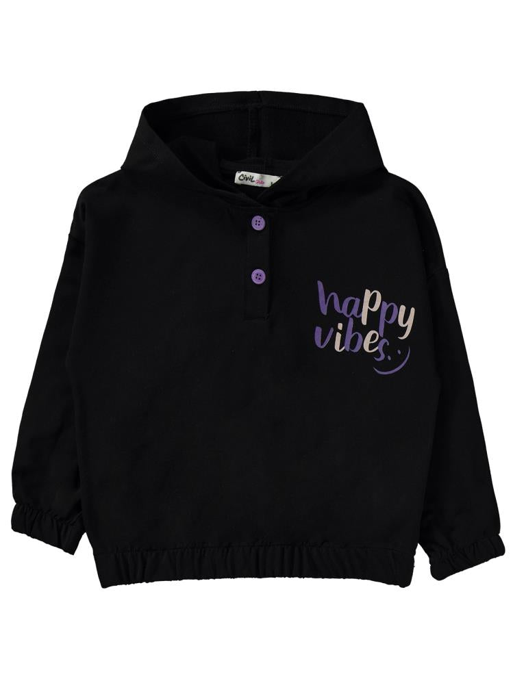 Civil Girls Happy Vibes Baskılı 6-9 Yaş Eşofman Takımı - Siyah