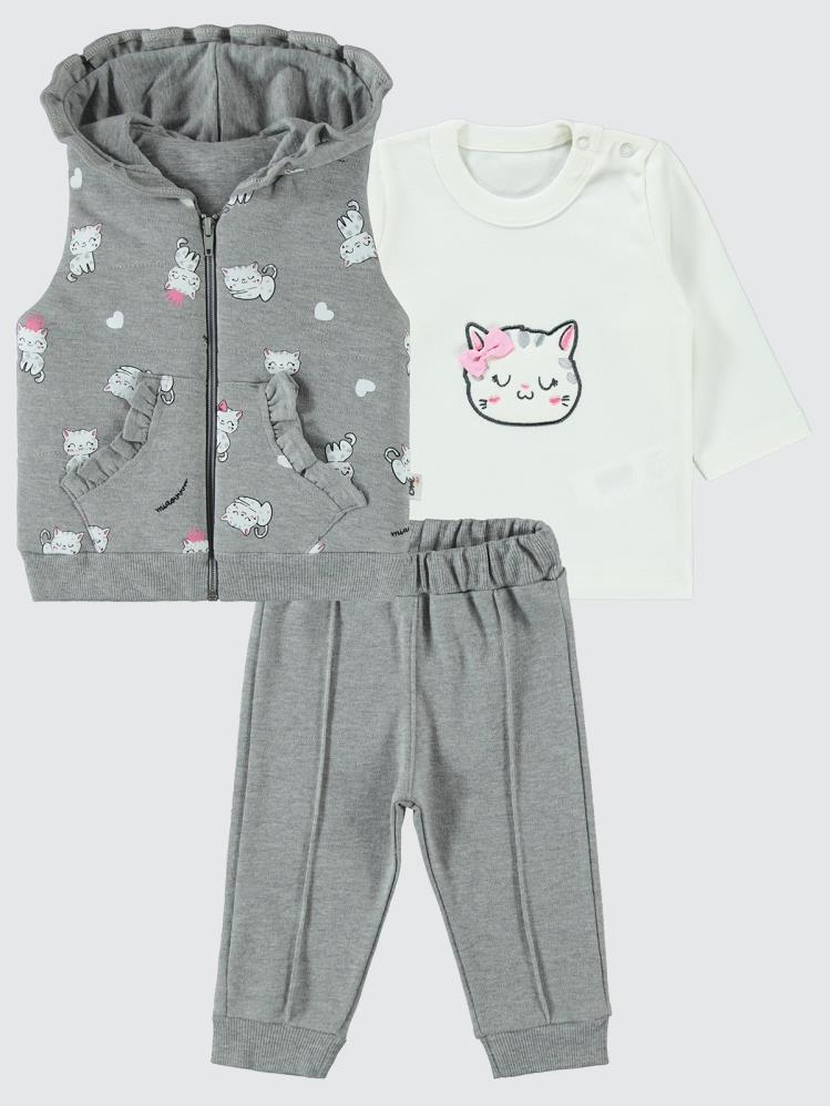 Civil Baby Kedi Nakışlı 3 lü 6-18 Ay Takım - Gri