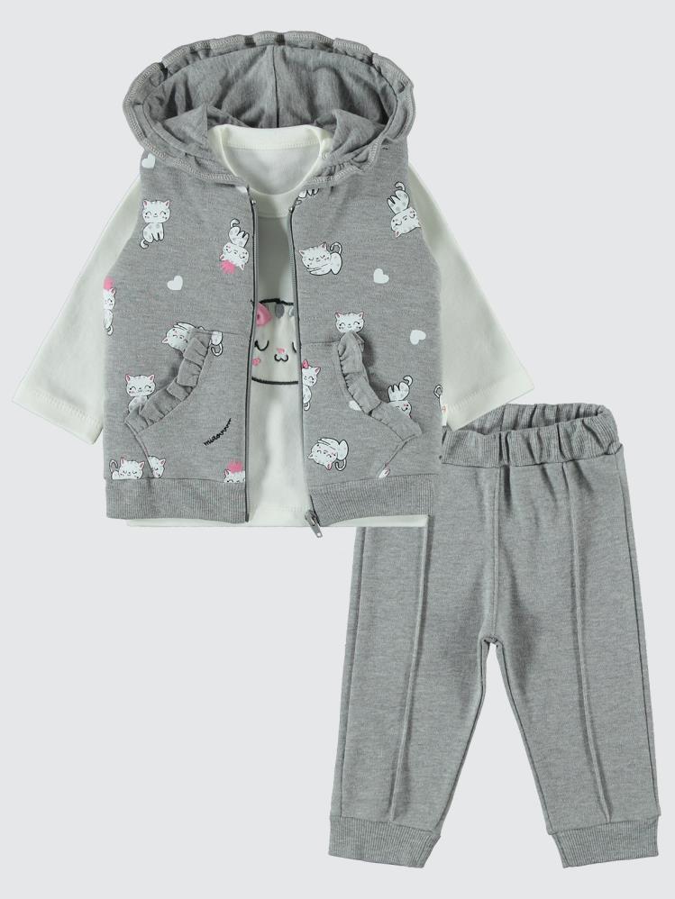 Civil Baby Kedi Nakışlı 3 lü 6-18 Ay Takım - Gri