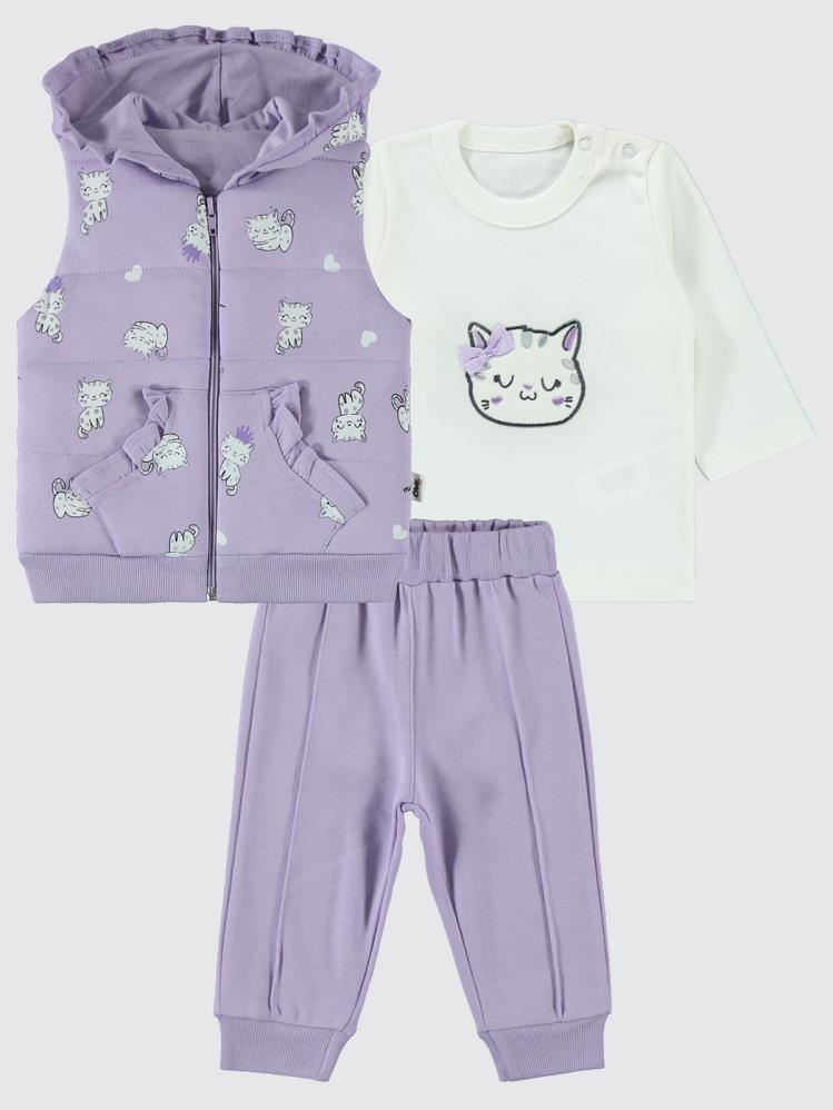 Civil Baby Kedi Nakışlı 3 lü 6-18 Ay Takım - Lila