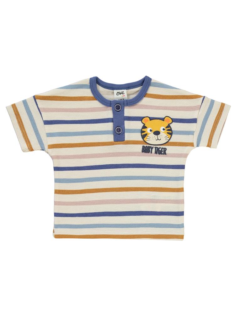 Civil Baby Kaplan Baskılı Çizgi Empirme Şortlu 6-18 Ay Takım - Fil Dişi