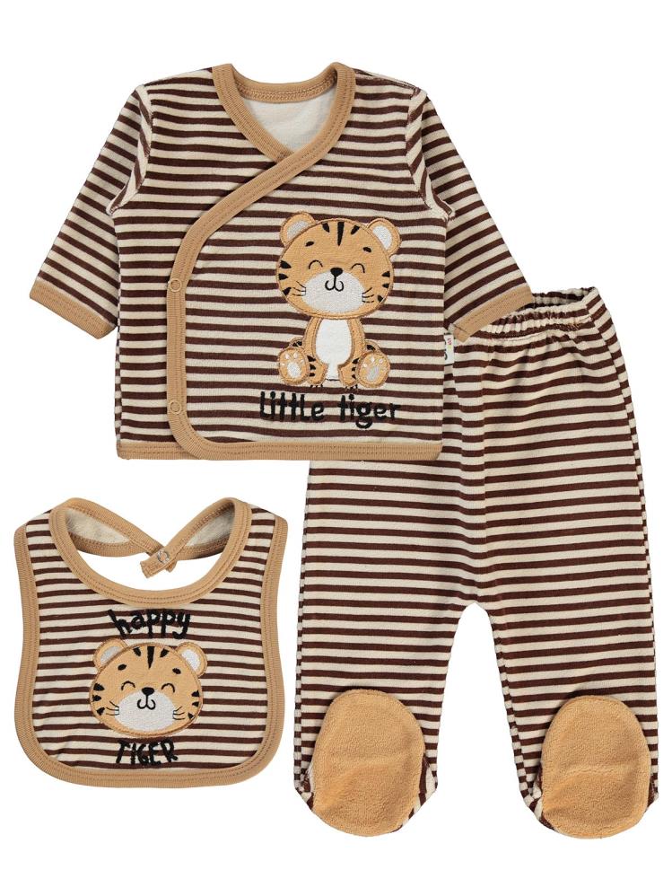 Civil Baby Çizgili Tiger Baskılı Zıbın Takımları - Kahverengi