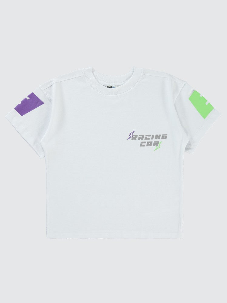 Civil Boys Racing Baskılı Oversize 10-13 Yaş Tişört - Beyaz