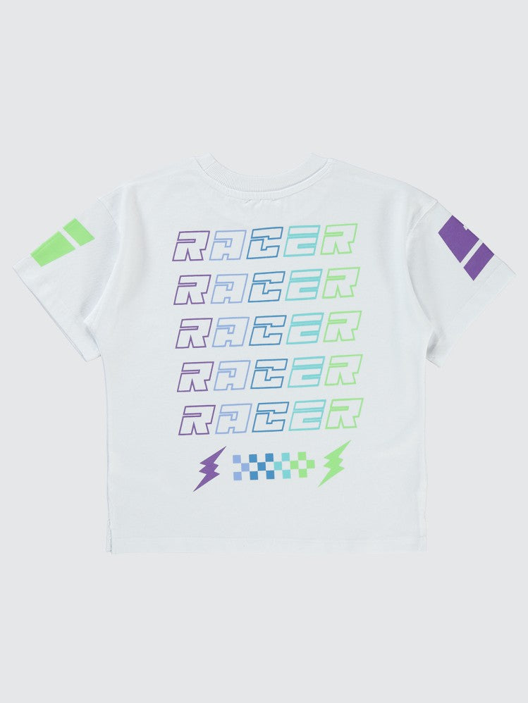 Civil Boys Racing Baskılı Oversize 10-13 Yaş Tişört - Beyaz