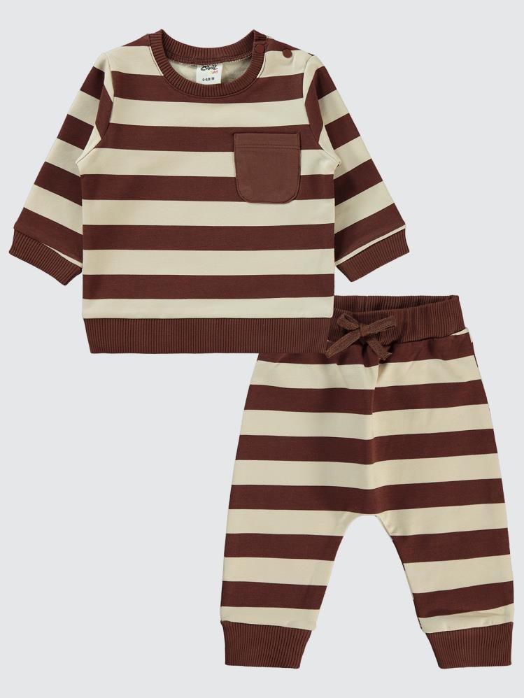 Civil Baby Çizgi Emprime Cepli 6-18 Ay Takım - Kahverengi
