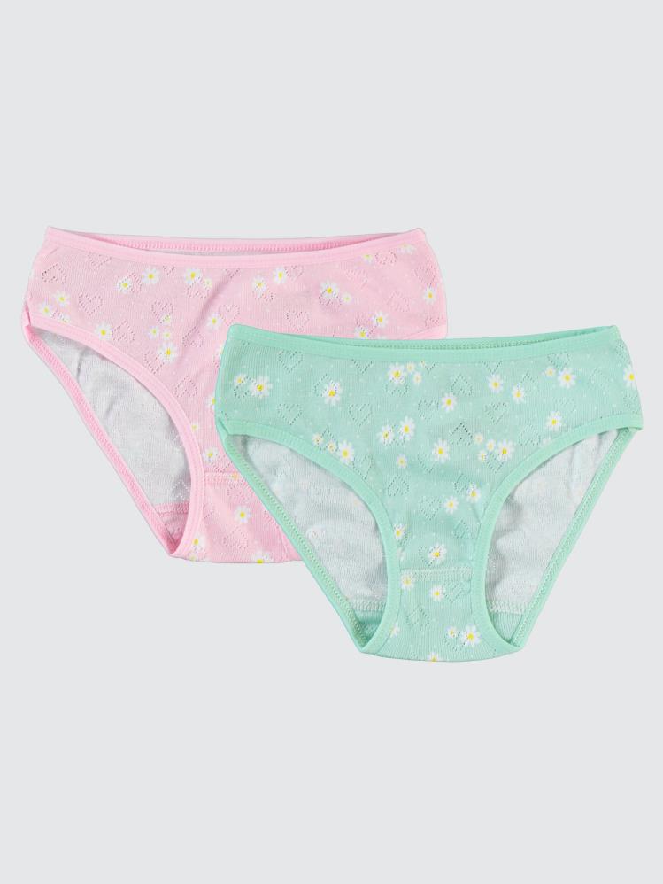 Civil Girls Pembe-Mint Çiçek Baskılı Jakarlı Derbili 2-10 Yaş 2'li Külot Set - Yeşil