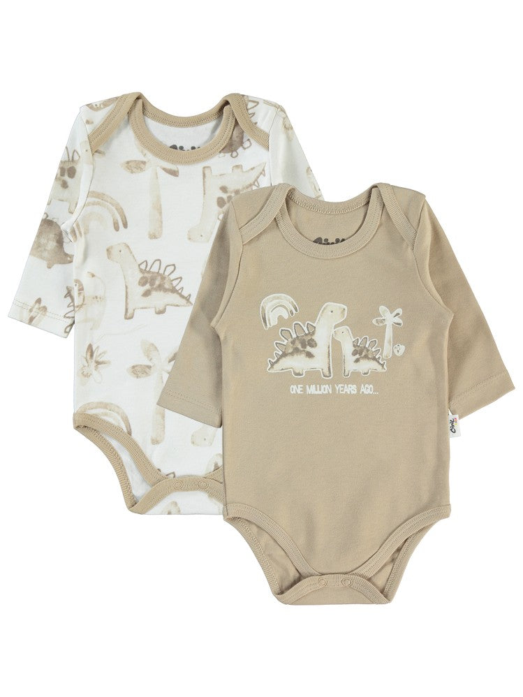 Civil Baby Dinozor Empirme Baskılı 3-12 Ay Çıtçıtlı Badi - Kahverengi