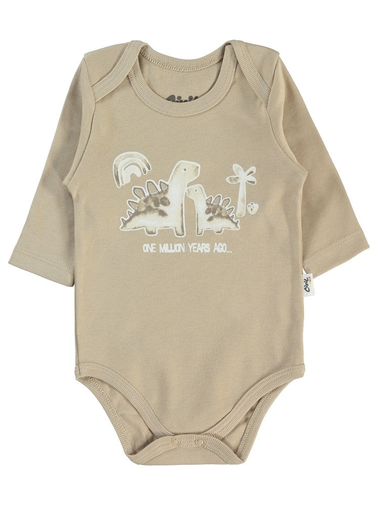 Civil Baby Dinozor Empirme Baskılı 3-12 Ay Çıtçıtlı Badi - Kahverengi
