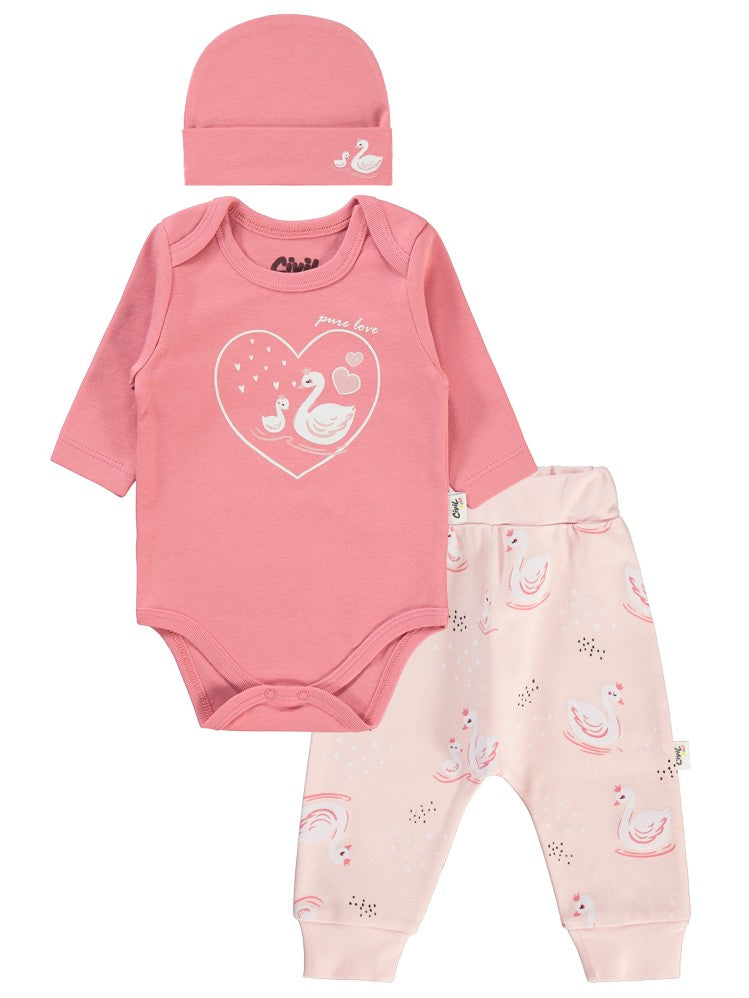 Civil Baby Kuğu Empirme Baskılı 3'lü 3-12 Ay Takım - Pembe