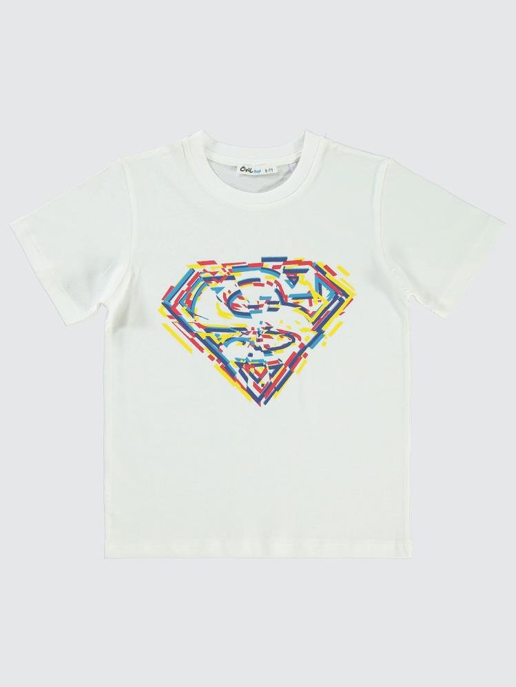 Superman Logo Baskılı 6-9 Yaş Tişört - Ekru