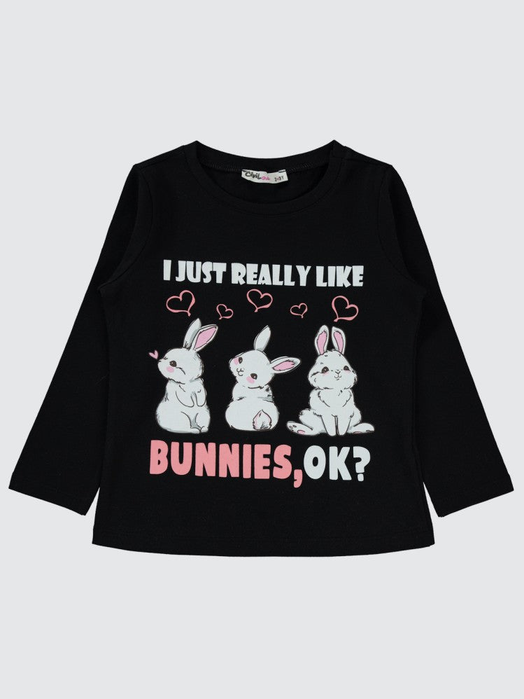 Civil Girls Bunnies Baskılı 2-5 Yaş Sweatshirt - Siyah