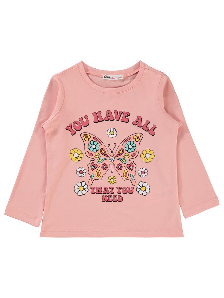 Civil Girls Etnik Kelebek Baskılı 2-5 Yaş Sweatshirt - Pudra